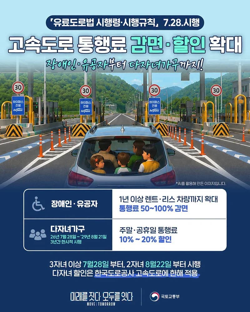 고속도로 통행료 장애인·유공자·다자녀가구 감면 확대