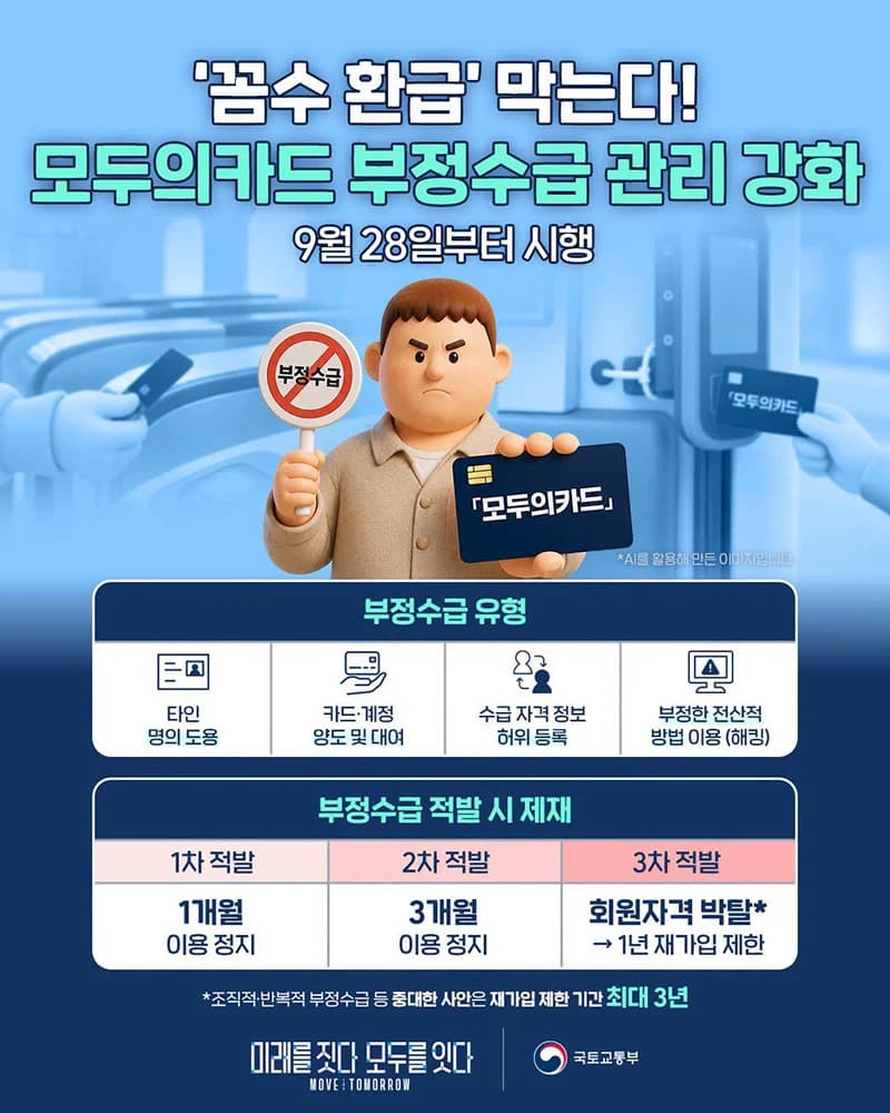 모두의카드 부정수급 1차 적발시 1개월 이용 정지