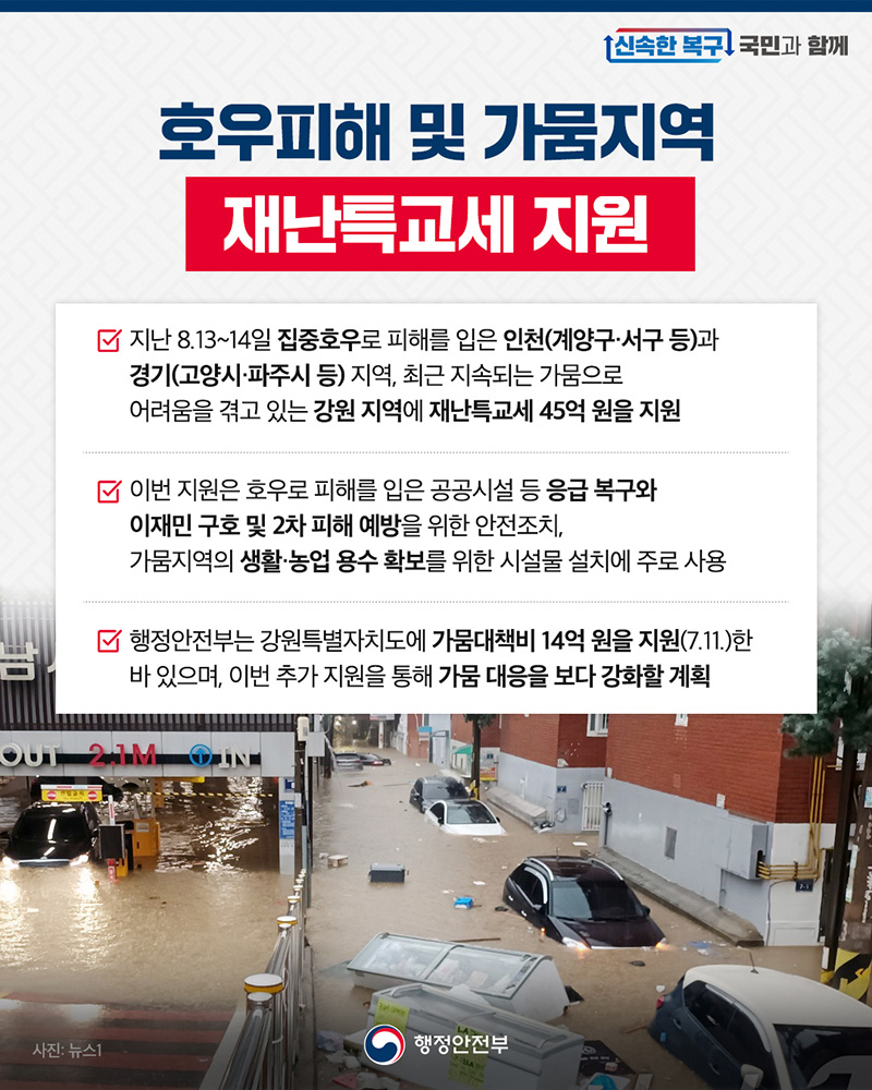 집중호우 및 가뭄 피해 지역에 45억 원 재난특교세 지원… 강원도 가뭄 대응 강화