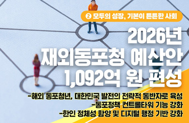 동포청, 2026년 1,092억 예산으로 '해외 동포청년' 육성 및 정책 컨트롤타워 강화 나선다